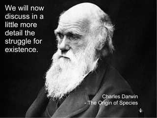 We will now discuss in a little more detail the struggle for existence. Charles Darwin - The Origin of Species 