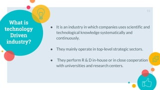 What is
technology
Driven
industry?
● It is an industry in which companies uses scientific and
technological knowledge systematically and
continuously.
● They mainly operate in top-level strategic sectors.
● They perform R & D in-house or in close cooperation
with universities and research centers.
11
 