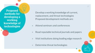 Proposed
methods for
developing a
working
knowledge of
technologies
Develop a working knowledge of current,
replacement, and threat technologies
Proposed development methods are:
● Attend seminars and conferences
● Read reputable technical journals and papers
● Visit institutions doing leading edge research
● Determine threat technologies
27
 