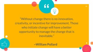 “
“Without change there is no innovation,
creativity, or incentive for improvement. Those
who initiate change will have a better
opportunity to manage the change that is
inevitable.”
~William Pollard
35
 