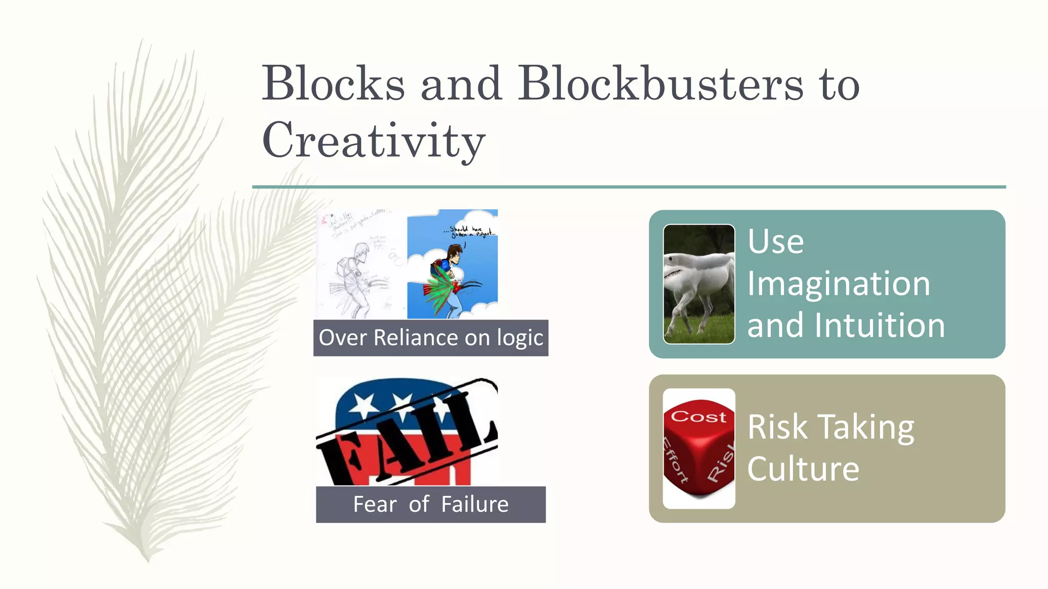 Blocks and Blockbusters to
Creativity
Over Reliance on logic
Fear of Failure
Use
Imagination
and Intuition
Risk Taking
Culture
 