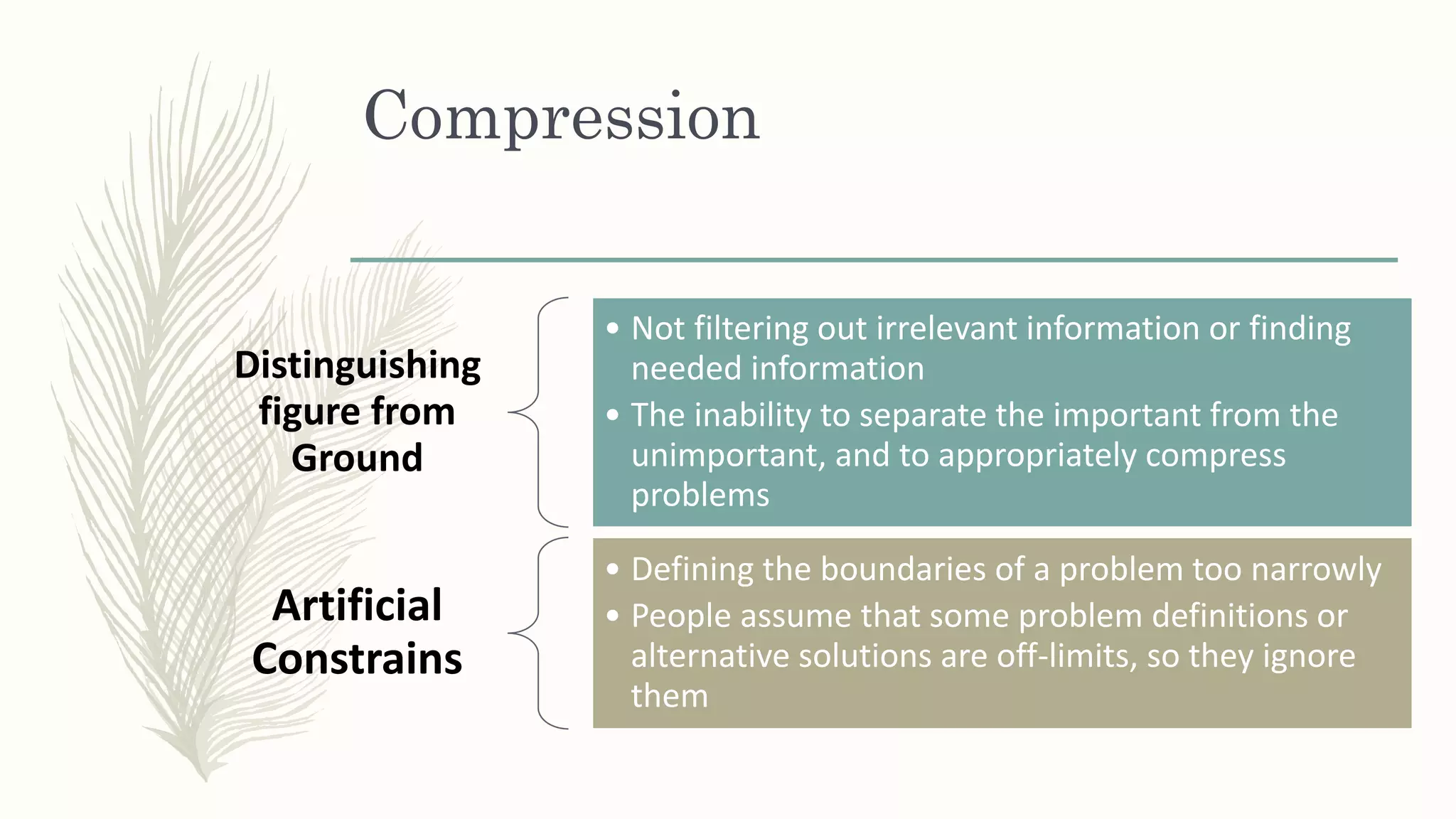 Compression
Distinguishing
figure from
Ground
• Not filtering out irrelevant information or finding
needed information
• The inability to separate the important from the
unimportant, and to appropriately compress
problems
Artificial
Constrains
• Defining the boundaries of a problem too narrowly
• People assume that some problem definitions or
alternative solutions are off-limits, so they ignore
them
 