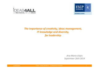 The 
importance 
of 
crea/vity, 
ideas 
management, 
IT 
knowledge 
and 
diversity, 
© 
2014 
Global 
ideas4all 
SL 
-­‐ 
Confiden21/04/2014 
6al 
& 
Proprietary 
1 
Ana 
Maria 
Llopis 
September 
26th 
2014 
for 
leadership 
 