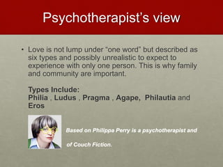 Psychotherapist’s view
• Love is not lump under “one word” but described as six
types and possibly unrealistic to expect to experience with
only one person. This is why family and community are
important.
Types Include:
Philia , Ludus , Pragma , Agape, Philautia and Eros
Based on Philippa Perry is a psychotherapist and author
• of Couch Fiction.
Love & Creativity Research of
Sustainabiity and Wellness Initiatives
18 7/7/2014
 