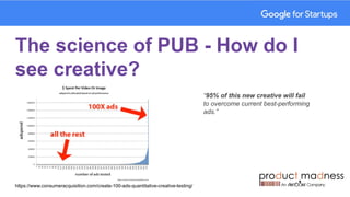 The science of PUB - How do I
see creative?
https://www.consumeracquisition.com/create-100-ads-quantitative-creative-testing/
“95% of this new creative will fail
to overcome current best-performing
ads.”
 