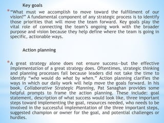 Key goals
*“What must we accomplish to move toward the fulfillment of our
vision?” A fundamental component of any strategic process is to identify
those priorities that will move the team forward. Key goals play the
vital role of connecting the team’s ongoing work with the broader
purpose and vision because they help define where the team is going in
specific, actionable ways.
Action planning
*A great strategy alone does not ensure success—but the effective
implementation of a great strategy does. Oftentimes, strategic thinking
and planning processes fail because leaders did not take the time to
identify “who would do what by when.” Action planning clarifies the
ways in which our daily work will help move the goals forward. In his
book, Collaborative Strategic Planning, Pat Sanaghan provides some
helpful prompts to frame the action planning. These include: goal
statement, description of what success would look like, three important
steps toward implementing the goal, resources needed, who needs to be
involved in the successful implementation of the three important steps,
suggested champion or owner for the goal, and potential challenges or
hurdles.
 