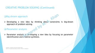 Big dream approach
 Developing a new idea by thinking about constraints is big-dream
approach of problem solving.
 Parameter analysis
 Parameter analysis is developing a new idea by focusing on parameter
identification and creative synthesis.
CREATIVE PROBLEM SOLVING (Continued)
Chapter: Creativity and the business idea
Source: Entrepreneurship by Hisrich, Peters & Shepherd
 