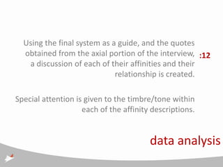 Using the final system as a guide, and the quotes
  obtained from the axial portion of the interview, :12
   a discussion of each of their affinities and their
                             relationship is created.

Special attention is given to the timbre/tone within
                    each of the affinity descriptions.


                                        data analysis
 
