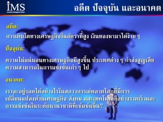 12Aug 28, 2014
อดีต ปัจจุบัน และอนาคต
อดีต:
การเติบโตทางเศรษฐกิจในอัตราที่สูง เงินทองหามาได้ง่ายๆ
อนาคต:
เราจะอยู่รอดได้อย่างไรในสภาวการณ์ตลาดโลกที่มีการ
เปลี่ยนแปลงด้านเศรษฐกิจ สังคม และเทคโนโลยีอย่างรวดเร็วและ
การแข่งขันในระดับนานาชาติที่เข้มข้นขึ้น?
ปัจจุบัน:
ความไม่แน่นอนทางเศรษฐกิจมีสูงขึ้น ประเทศต่างๆ กาลังสูญเสีย
ความสามารถในการแข่งขันเก่าๆ ไป
 