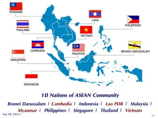 22Aug 28, 2014
10 Nations of ASEAN Community
Brunei Darussalam | Cambodia | Indonesia | Lao PDR | Malaysia |
Myanmar | Philippines | Singapore | Thailand | Vietnam
 