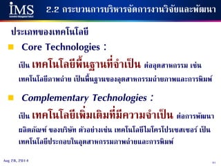 57Aug 28, 2014
2.2 กระบวนการบริหารจัดการงานวิจัยและพัฒนา
ประเภทของเทคโนโลยี
 Core Technologies :
เป็ น เทคโนโลยีพื้นฐานที่จาเป็ น ต่ออุตสาหกรรม เช่น
เทคโนโลยีภาพถ่าย เป็ นพื้นฐานของอุตสาหกรรมถ่ายภาพและการพิมพ์
 Complementary Technologies :
เป็ น เทคโนโลยีเพิ่มเติมที่มีความจาเป็ น ต่อการพัฒนา
ผลิตภัณฑ์ ของบริษัท ตัวอย่างเช่น เทคโนโลยีไมโครโปรเซสเซอร์ เป็ น
เทคโนโลยีประกอบในอุตสาหกรรมภาพถ่ายและการพิมพ์
 