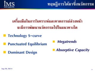 71Aug 28, 2014
ทฤษฎีการได้มาซึ่งนวัตกรรม
เครื่องมือในการวิเคราะห์และคาดการณ์ล่วงหน้า
จะมีการพัฒนานวัตกรรมไปในแนวทางใด
 Technology S-curve
 Punctuated Equilibrium
 Dominant Design
 Megatrends
 Absorptive Capacity
 