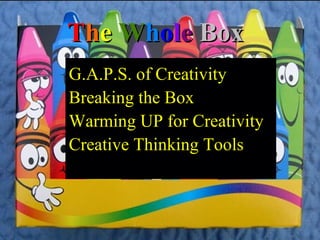 TThhee WWhhoollee BoxBox
G.A.P.S. of Creativity
Breaking the Box
Warming UP for Creativity .
Creative Thinking Tools
 