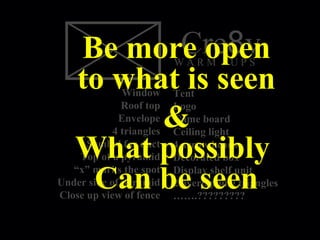 Cre8vW A R M - U P S
Window
Roof top
Envelope
4 triangles
Symbol for duct
Top of a pyramid
“x” marks the spot
Under side of pyramid
Close up view of fence
Tent
Logo
Game board
Ceiling light
4 arrow heads
Decorated box
Display shelf unit
2 overlapping triangles
…….?????????
Be more open
to what is seen
&
What possibly
Can be seen
 