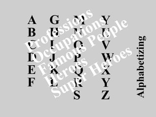 A
B
C
D
E
F
G
H
I
J
K
L
M
N
O
P
Q
R
S
Y
U
V
W
X
Y
Z
Professions
Occupations
Famous People
Heroes
Super Heroes
Alphabetizing
 