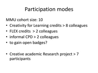 Participation modes
MMU cohort size (Jan-Sep15): 12
• Creativity for Learning unit (30 credits): 8
colleagues
• FLEX unit (30 credits): 1 colleague
• informal CPD: 3 colleagues
• Creative academic Research project: 7
participants
 