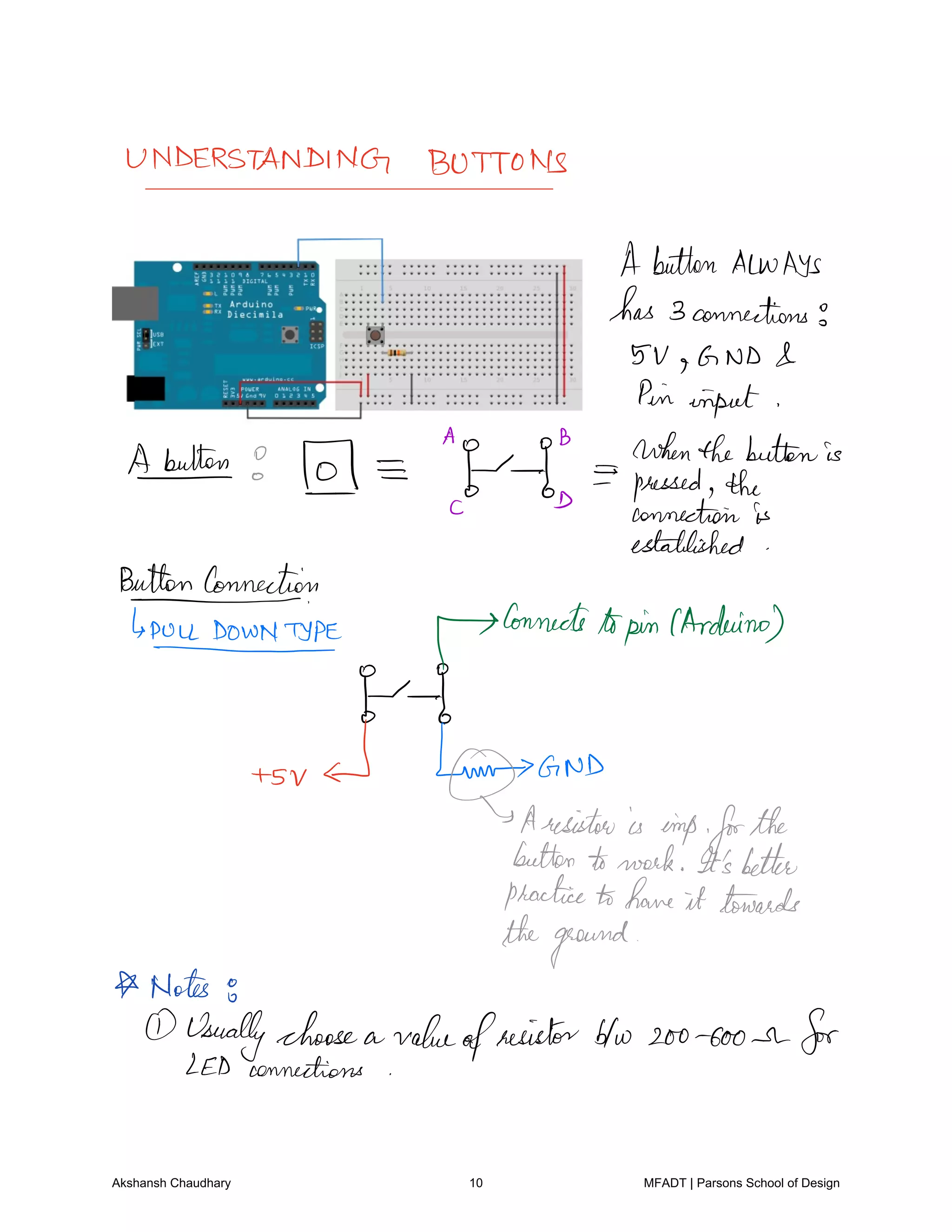 UNDERSTANDING BUTTONS
A button Always
has 3connections
5V g GND
Pin input
A B
whenthebuttenis
AYO 1 pressed the
c D connection is
established
Buttonconnection
PConnedsApincArduinoPULLDOWNTYPE
one
LunoGNDV
QAresistowisimpfortte
button work It'sbetter
practice b have it towards
Notes
theground
Usuallychoose a value
ofresistor b w zoo Goon for
LED connections
Akshansh Chaudhary 10 MFADT | Parsons School of Design
 