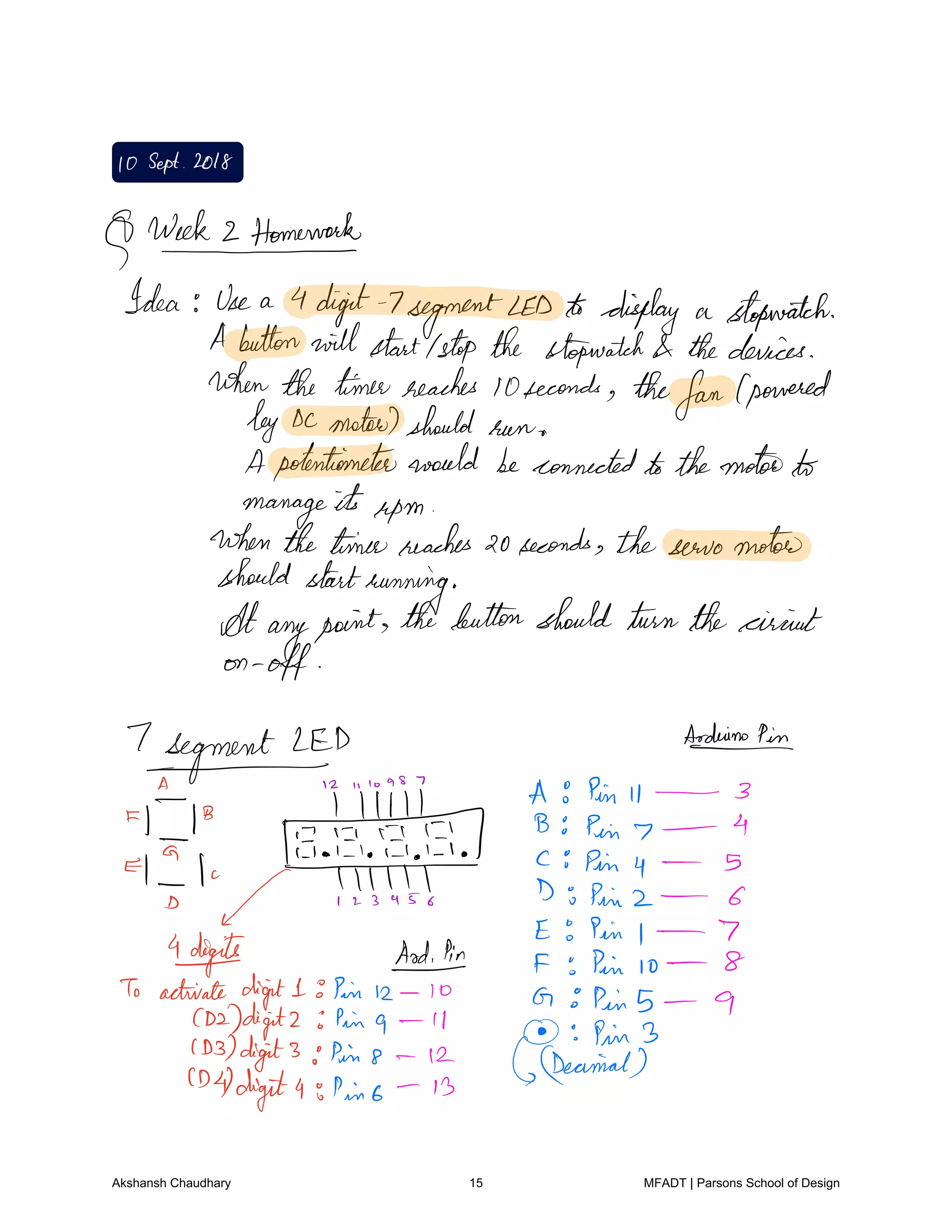 10Sept 2018
Week2Homervorke
Idea Use a 4digit 7segmentLED to display a stopwatch
A button will startIstopthe stopwatch thedevices
whenthe timerreaches 10seconds the
fan powered
byDcmotorsshould run
Apotentiometerwould beconnectedtothemotorto
manageits rpm
whenthe timereaches 20seconds the servo motor
should startrunning
Atanypoint thebuttonshould turnthe einiut
on
off
7
segment
LED Arduinopin
u to98 T
fl Oo Pin11 3
HIB B Pin 7 4
HE lo WI
c pin y s
D
f I 2 3 95 6 D 5 Pin Z G
E Pin l 7
Aydin f Pinto 8
To activate digit I Pin 12 10 G E Pin 5 9CD2 digit2 Ping il
O Pin 3CD3 digits Pin 8 12 GDfeanial
4digit4 Pin b b
Akshansh Chaudhary 15 MFADT | Parsons School of Design
 