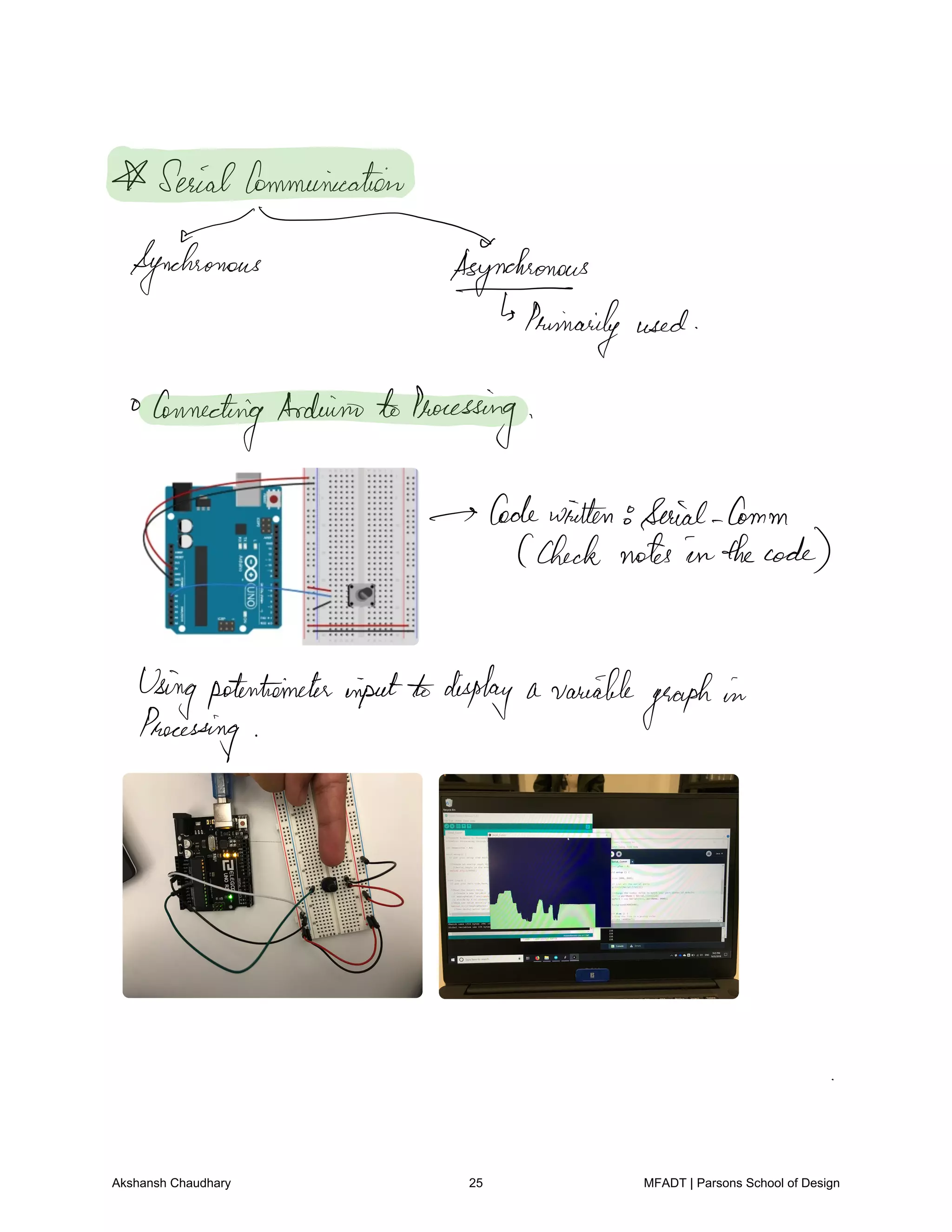 SerialCommunication
Synchronous Asynchionous
Primarily used
Connecting Arduino to Processing
Codewritten Social Comm
check notes inthecode
Usingpotentimeterinputto display a variable
graph in
Processing
Akshansh Chaudhary 25 MFADT | Parsons School of Design
 