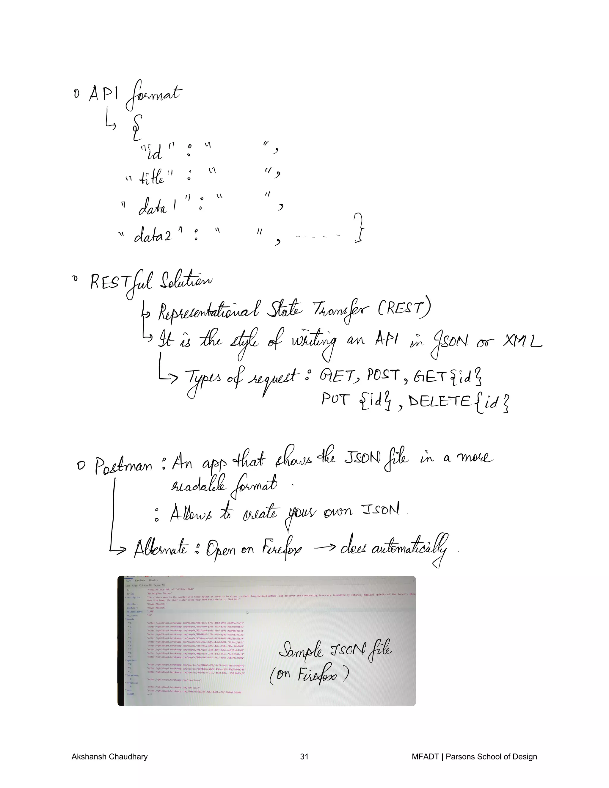 API format
E
id e s
title s
data1
data2 g I
RESTfulsolution
RepresentationalStateTransferCREST
It is thestyle ofwriting an API in JSON or XML
Typesofrequest GET POST GETSid3
PUT idly DELETE id
Postman An appthat showstheJSONfile in a more
readableformat
Allows tocreate
your
own JSON
Alternate Open on Firefox doesautomatically
Sample IsONfile
on Firefox
Akshansh Chaudhary 31 MFADT | Parsons School of Design
 
