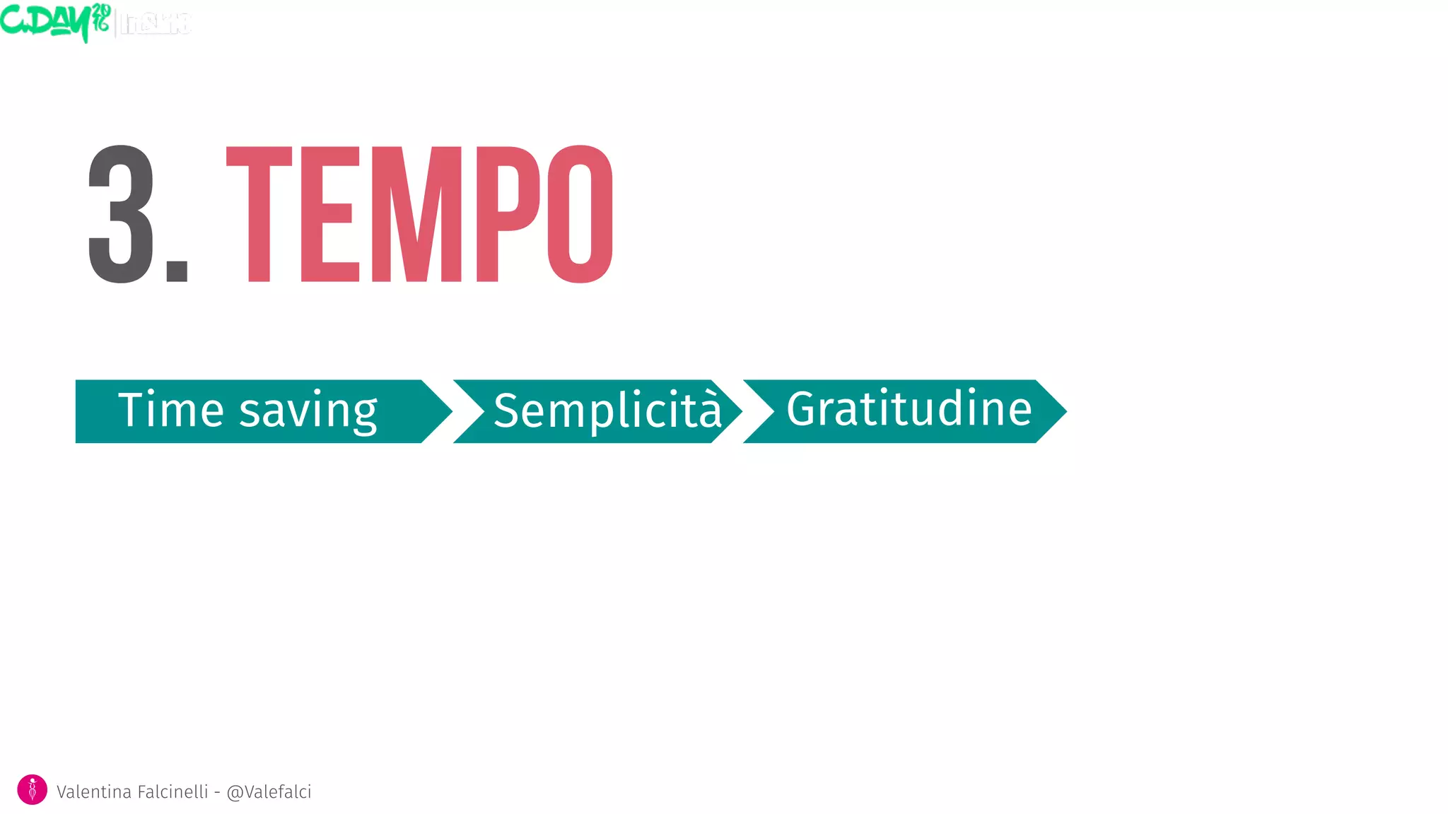 3. tempo
Time saving
 Semplicità
Valentina Falcinelli - @Valefalci 
Gratitudine
 