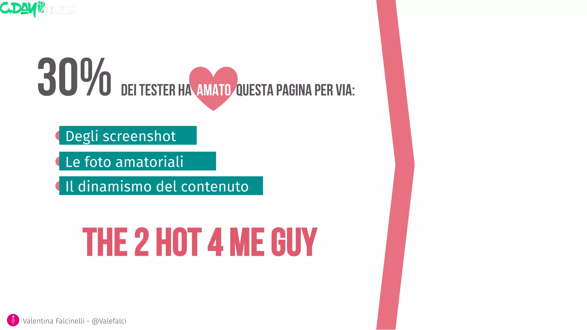 The 2 HOT 4 ME GUY
Degli screenshot 
Le foto amatoriali
Il dinamismo del contenuto
Valentina Falcinelli - @Valefalci 
30% dei tester ha amato questa pagina per via:
 