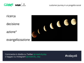 customer journey in un progetto social
ricerca
decisione
azione*
evangelizzazione
 