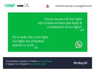 customer journey in un progetto social
Scusa ma perché mio figlio
non è stato invitato alla festa di
compleanno di tuo figlio?
Eh si vede che a mio figlio
tuo figlio sta simpatico
quanto tu a me
✓✓
✓✓
 