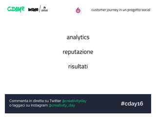 customer journey in un progetto social
analytics
reputazione
risultati
 