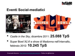 Eventi Social-mediatici




•   Castle in the Sky, dicembre 2011: 25.088                               TpS
•   Super Bowl XLVI e show di Madonna nell’intervallo,
    febbraio 2012: 10.245                         TpS
Emanuela Zaccone - http://about.me/emanuela.zaccone - Follow me @Zatomas
 