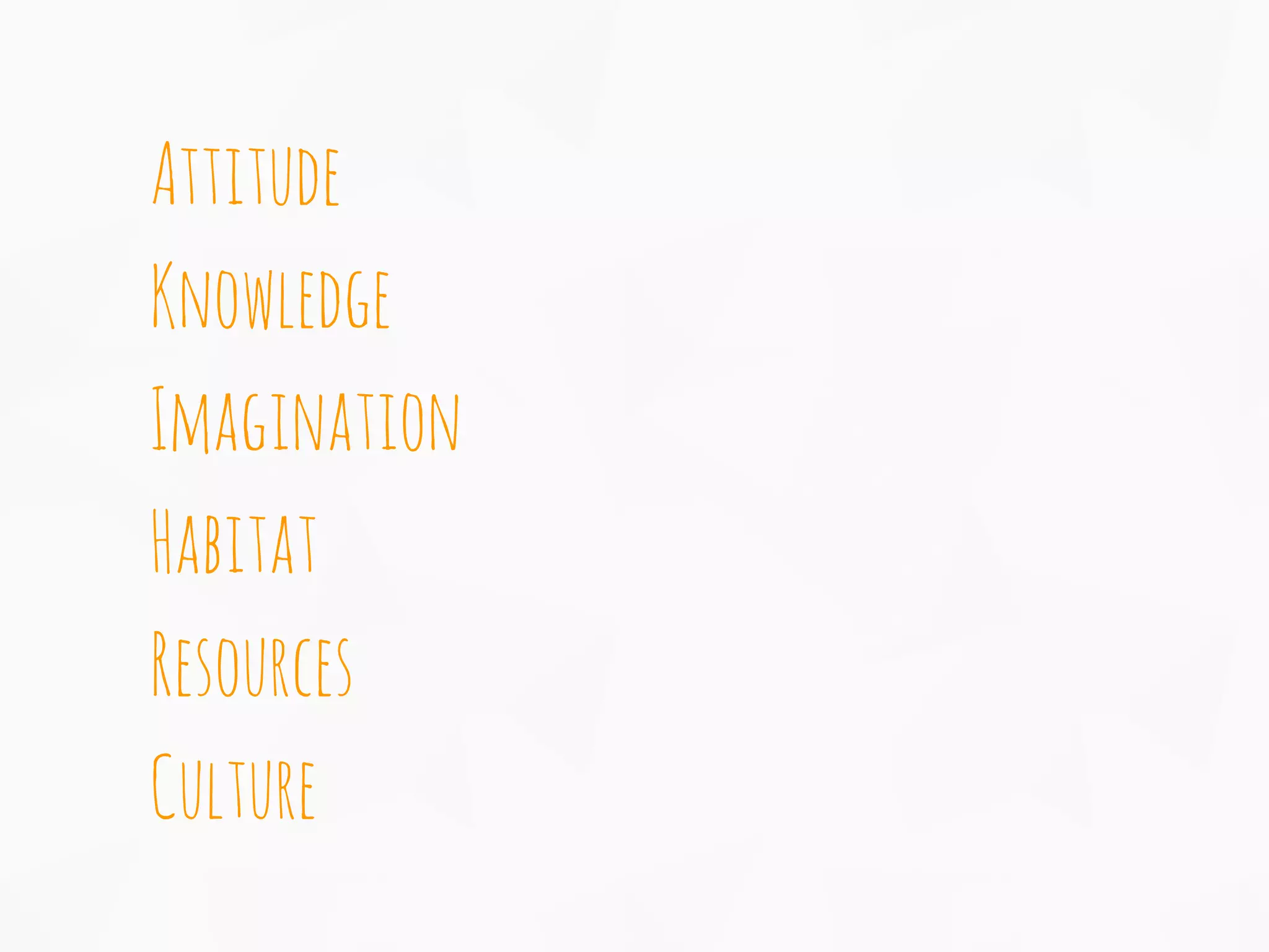 Attitude
Knowledge
Imagination
Habitat
Resources
Culture