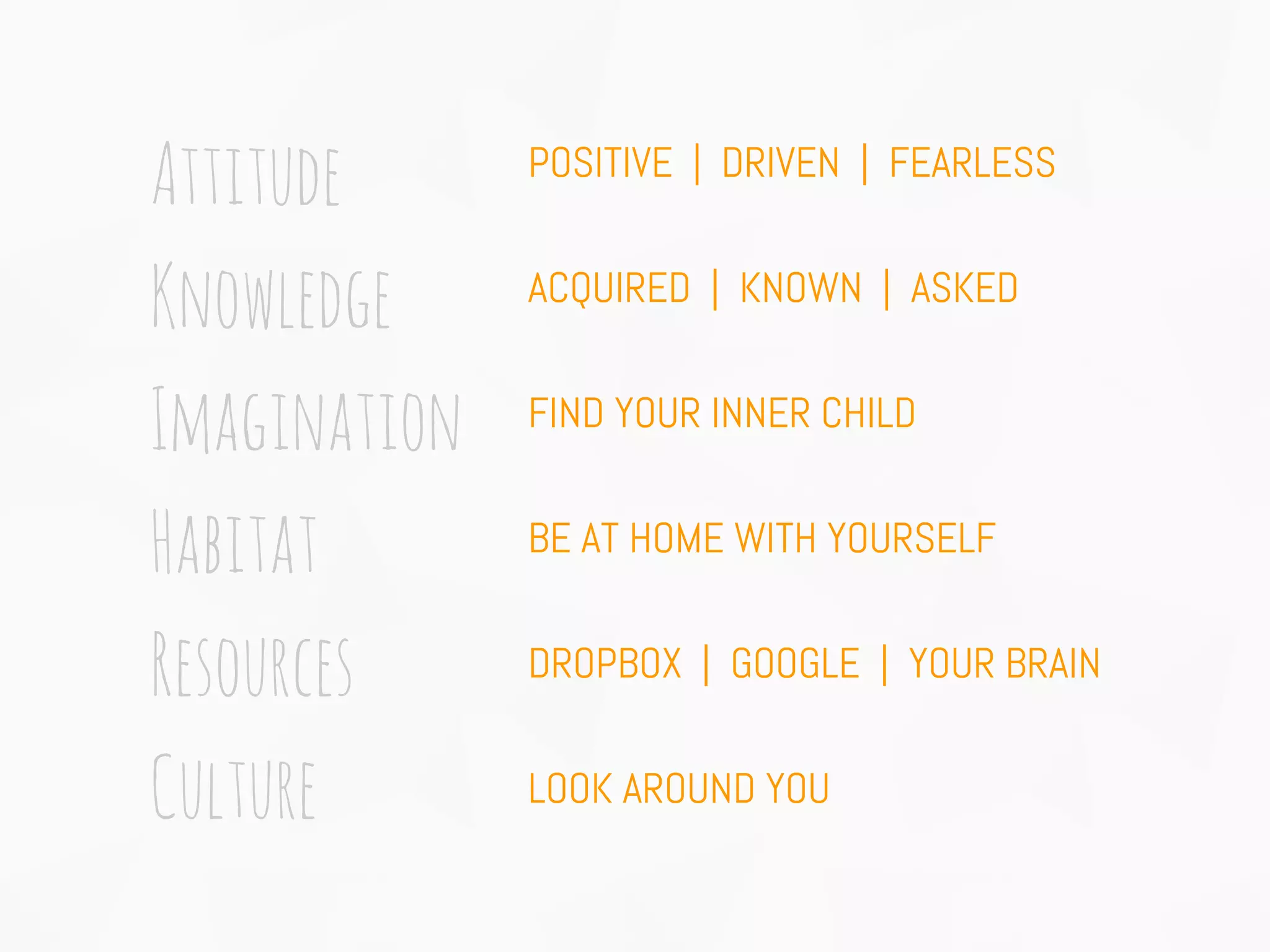 Attitude
Knowledge
Imagination
Habitat
Resources
Culture
POSITIVE | DRIVEN | FEARLESS
ACQUIRED | KNOWN | ASKED
FIND YOUR INNER CHILD
BE AT HOME WITH YOURSELF
DROPBOX | GOOGLE | YOUR BRAIN
LOOK AROUND YOU