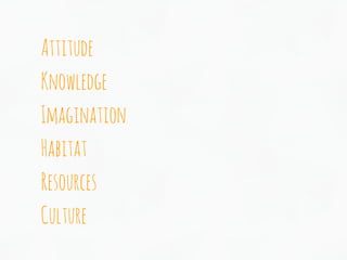 Attitude
Knowledge
Imagination
Habitat
Resources
Culture
 