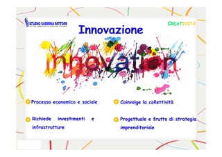 InnovazioneInnovazione
CCREATREATIVITÀIVITÀ
Processo economico e socialeProcesso economico e sociale Coinvolge la collettivitàCoinvolge la collettività
RichiedeRichiede investimentiinvestimenti ee
infrastruttureinfrastrutture
Progettuale e frutto di strategiaProgettuale e frutto di strategia
imprenditorialeimprenditoriale
 