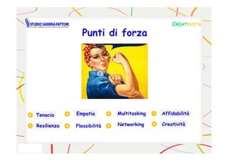 Punti di forzaPunti di forza
CCREATREATIVITÀIVITÀ
TenaciaTenacia
ResilienzaResilienza CreativitàCreatività
EmpatiaEmpatia AffidabilitàAffidabilità
FlessibilitàFlessibilità
MultitaskingMultitasking
NetworkingNetworking
 