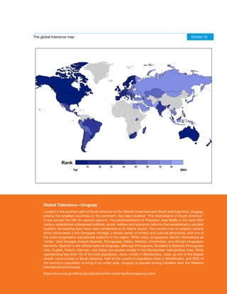 The global tolerance map                                                                                  Exhibit 10




                 Rank
                                 10       20     30       40      50      60      70      80
                        1st                                                                      90th




     Global Tolerance—uruguay
     Located in the southern part of South America on the Atlantic coast between Brazil and Argentina, Uruguay,
     among the smallest countries on the continent, has been dubbed “The Switzerland of South America.”
     It has earned this title for several reasons. The administrations of President Jose Batlle in the early 20th
     century established widespread political, social, welfare and economic reforms that established a socialist
     tradition. Its banking laws have many similarities to its Alpine cousin. The country has an eclectic society
     which showcases a rich European heritage, a broad variety of artistic and cultural attractions, and one of
     the most progressive educational systems in the region. While many Uruguayans identify themselves as
     “white,” their lineages include Spanish, Portuguese, Italian, Mestizo, Amerindian, and African-Uruguayan
     elements. Spanish is the official national language, although Portuguese, Brazilero (a Spanish-Portuguese
     mix), English, French, German, and Italian are spoken widely in the Montevideo metropolitan area. While
     representing less than 1% of the total population, Jews, mostly in Montevideo, make up one of the largest
     Jewish communities in South America. Half of the country’s population lives in Montevideo, and 92% of
     the country’s population is living in an urban area. Uruguay is popular among travelers from the Western
     Hemisphere and Europe.
     https://www.cia.gov/library/publications/the-world-factbook/geos/uy.html


                                                                                               www.martinprosperity.org | 13
 