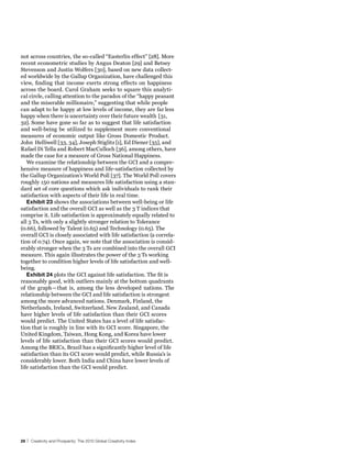 not across countries, the so-called “Easterlin effect” [28]. More
recent econometric studies by Angus Deaton [29] and Betsey
Stevenson and Justin Wolfers [30], based on new data collect-
ed worldwide by the Gallup Organization, have challenged this
view, finding that income exerts strong effects on happiness
across the board. Carol Graham seeks to square this analyti-
cal circle, calling attention to the paradox of the “happy peasant
and the miserable millionaire,” suggesting that while people
can adapt to be happy at low levels of income, they are far less
happy when there is uncertainty over their future wealth [31,
32]. Some have gone so far as to suggest that life satisfaction
and well-being be utilized to supplement more conventional
measures of economic output like Gross Domestic Product.
John Helliwell [33, 34], Joseph Stiglitz [1], Ed Diener [35], and
Rafael Di Tella and Robert MacCulloch [36], among others, have
made the case for a measure of Gross National Happiness.
   We examine the relationship between the GCI and a compre-
hensive measure of happiness and life-satisfaction collected by
the Gallup Organization’s World Poll [37]. The World Poll covers
roughly 150 nations and measures life satisfaction using a stan-
dard set of core questions which ask individuals to rank their
satisfaction with aspects of their life in real time.
   exhibit 23 shows the associations between well-being or life
satisfaction and the overall GCI as well as the 3 T indices that
comprise it. Life satisfaction is approximately equally related to
all 3 Ts, with only a slightly stronger relation to Tolerance
(0.66), followed by Talent (0.65) and Technology (0.65). The
overall GCI is closely associated with life satisfaction (a correla-
tion of 0.74). Once again, we note that the association is consid-
erably stronger when the 3 Ts are combined into the overall GCI
measure. This again illustrates the power of the 3 Ts working
together to condition higher levels of life satisfaction and well-
being.
   exhibit 24 plots the GCI against life satisfaction. The fit is
reasonably good, with outliers mainly at the bottom quadrants
of the graph—that is, among the less developed nations. The
relationship between the GCI and life satisfaction is strongest
among the more advanced nations. Denmark, Finland, the
Netherlands, Ireland, Switzerland, New Zealand, and Canada
have higher levels of life satisfaction than their GCI scores
would predict. The United States has a level of life satisfac-
tion that is roughly in line with its GCI score. Singapore, the
United Kingdom, Taiwan, Hong Kong, and Korea have lower
levels of life satisfaction than their GCI scores would predict.
Among the BRICs, Brazil has a significantly higher level of life
satisfaction than its GCI score would predict, while Russia’s is
considerably lower. Both India and China have lower levels of
life satisfaction than the GCI would predict.




26 | Creativity and Prosperity: The 2010 Global Creativity Index
 
