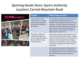 Sporting Goods Store: Sports Authority
  Location: Carmel Mountain Road
             Insights                      Hidden Opportunities
             This store uses social        The corridors are spacious close to were the
             media often. It is a great    running shoes and golf equipment are
             tool to attract people to     located. They should use this space to allow
             the store with sales and      customers to test the shoes by running up
             promotions.                   and down, or a golf club by setting a long put
                                           down the hall. You could also test drive a
                                           bike or skates! There is plenty of space to
                                           make this a fun experience.
             The ceiling is high and       Most of the shoppers were female, but had
             unfinished. It gives the      male companions that were bored. Having a
             store a tough look. Perfect   section to entertain the men, will extend the
             for the products being        stay thus increasing the chances of larger
             sold in the store.            purchases. As an example, a guy was sitting
                                           on the floor eating pop corn while waiting
                                           for his wife.
                                           Considering the equipment being sold and
                                           the available space, the store should have
                                           some personal trainers do Live Demos at the
                                           store. It’ll be a fun way to promote the
                                           products.
 