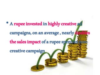 •Arupeeinvestedinhighlycreativead
campaigns,onanaverage,nearlydoubles
thesalesimpactofarupeespentonnon-
creativecampaign
 
