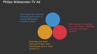 Two lovers are running
towards each other: a
typical Bollywood
romance scene
And they are tired
because Philips have
introduced such a wide
screen TV
But instead of hugging,
they are tired in between
and they quit their
meetup
Philips Widescreen TV Ad
 