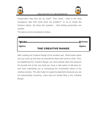 CREATIVITY IN ADVERTISING
conservative idea that can be used?’ Then check ‘ what is the most
outrageous idea that could solve the problem?’ so as to create the
Extreme Option. By these two question , intial limiting parameters are
created.
The above can be visualised as below,
After creating the Creative Range of the situation see, ‘What further ideas
can you come up and then jot downall the ideas that come to mind. Thus,
by establishing the ‘Creative Range, you have already taken the pressure
off yourself and at the very least you have a safe option to fall back on,
and more importantly you ar harnessing the incremental nature of the
creative process. This also helps to suspend judgements because you are
not automatically screening every idea but merely filing in the ‘Creative
Range’.
Safe Bet Extreme
Option Option
THE CREATIVE RANGE
 
