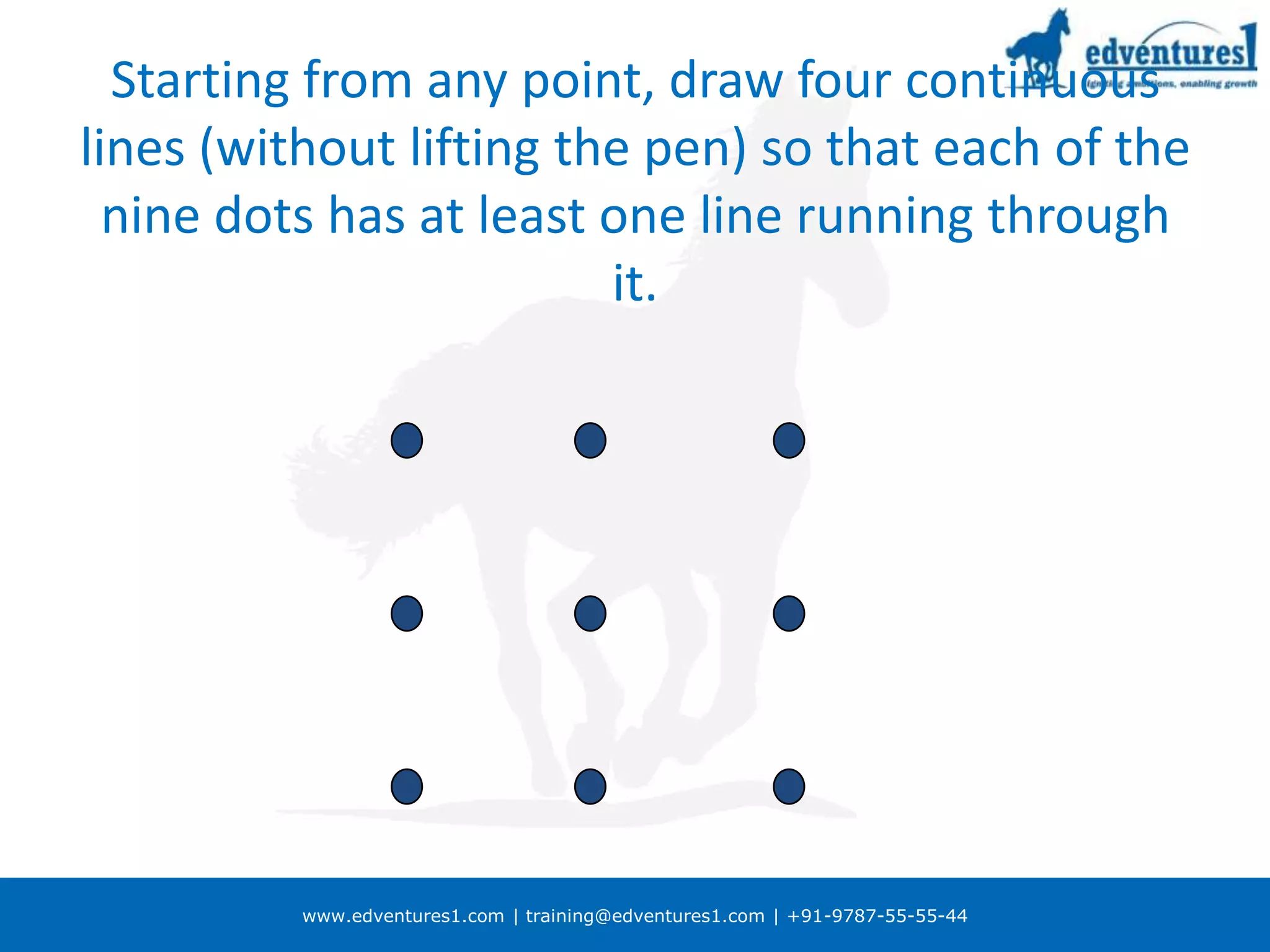 Starting from any point, draw four continuous lines (without lifting the pen) so that each of the nine dots has at least one line running through it. 