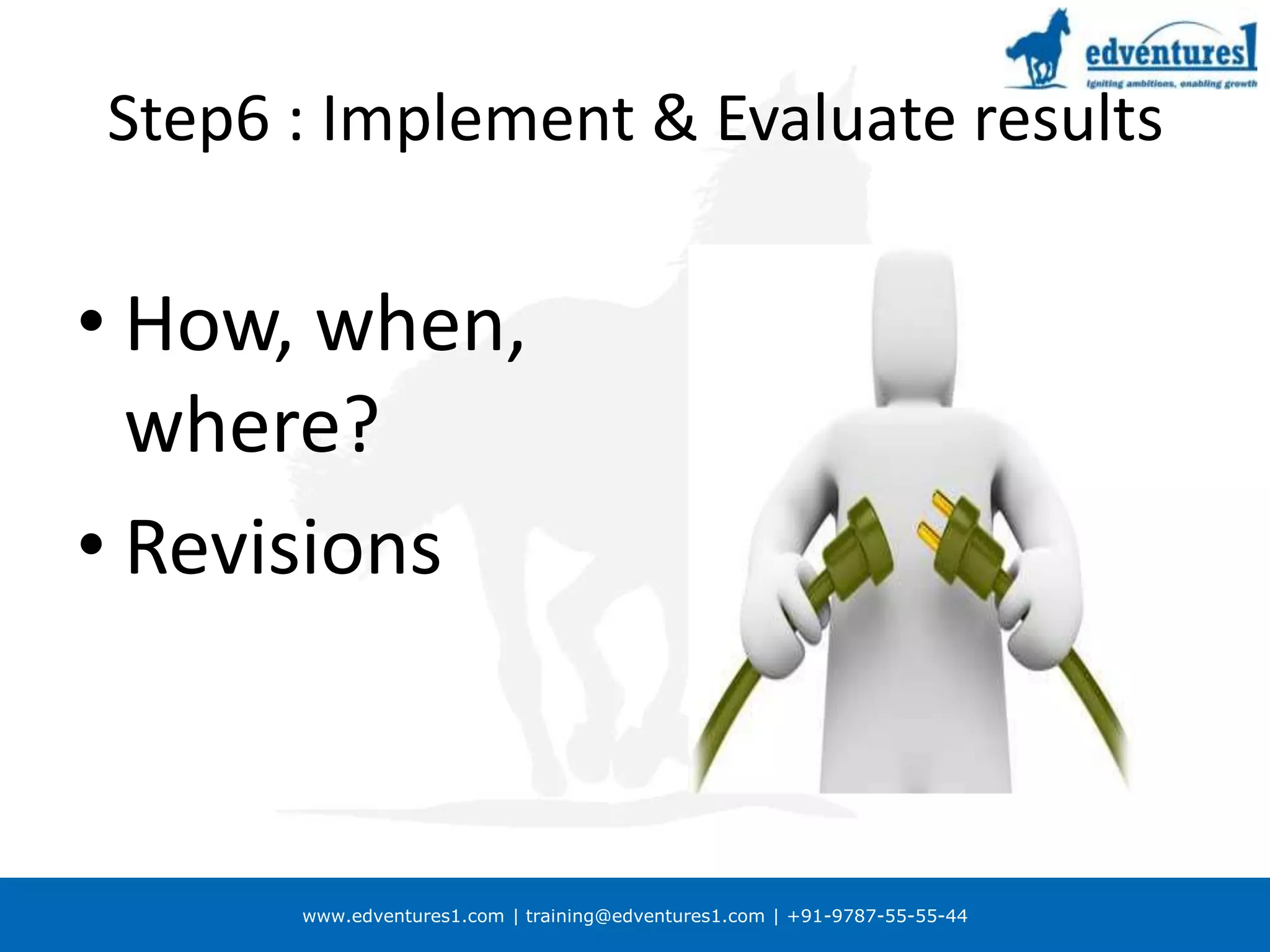 Step6 : Implement & Evaluate resultsHow, when, where?Revisions