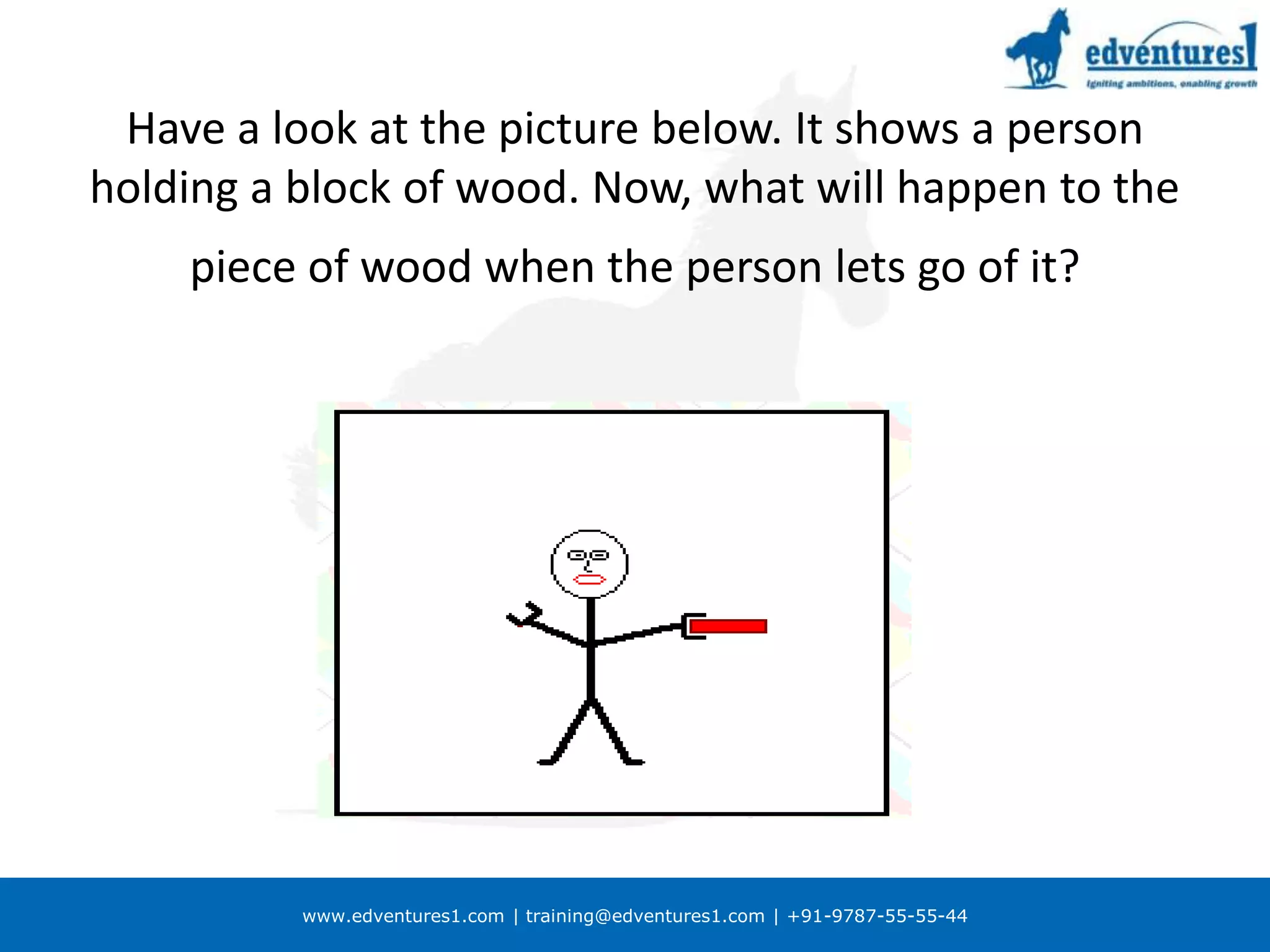 Have a look at the picture below. It shows a person holding a block of wood. Now, what will happen to the piece of wood when the person lets go of it?