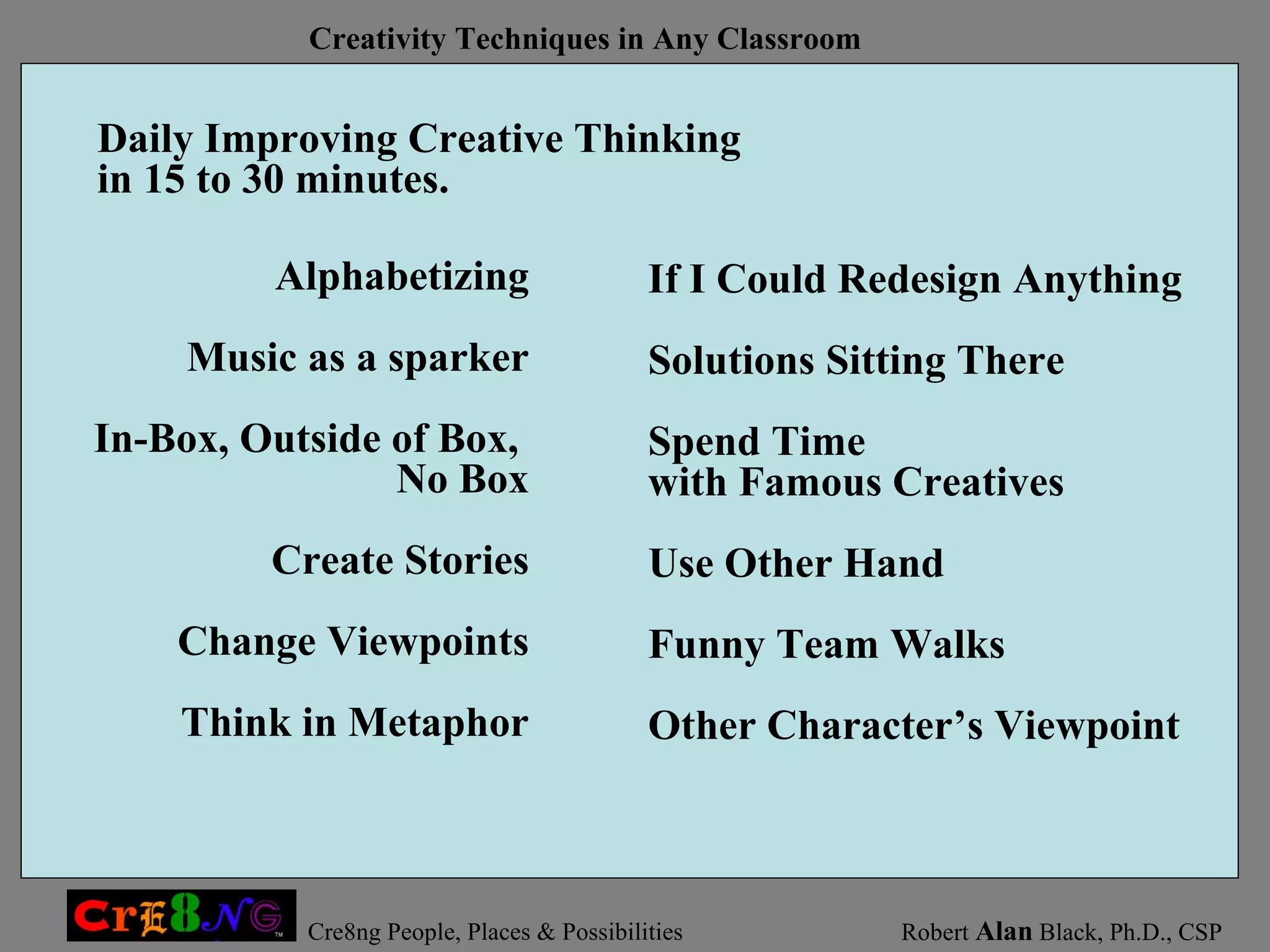 Daily Improving Creative Thinking in 15 to 30 minutes. Alphabetizing Music as a sparker In-Box, Outside of Box,  No Box Create Stories Change Viewpoints Think in Metaphor If I Could Redesign Anything Solutions Sitting There Spend Time  with Famous Creatives Use Other Hand Funny Team Walks Other Character’s Viewpoint 