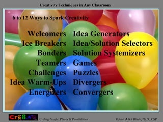 6 to 12 Ways to Spark Creativity Welcomers Ice Breakers Bonders Teamers Challenges Idea Warm-Ups Energizers Idea Generators Idea/Solution Selectors Solution Systemizers Games Puzzles Divergers Convergers 