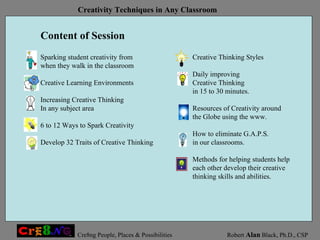 Sparking student creativity from  when they walk in the classroom Creative Learning Environments Increasing Creative Thinking In any subject area 6 to 12 Ways to Spark Creativity Develop 32 Traits of Creative Thinking Content of Session Creative Thinking Styles Daily improving  Creative Thinking  in 15 to 30 minutes. Resources of Creativity around the Globe using the www. How to eliminate G.A.P.S. in our classrooms. Methods for helping students help each other develop their creative thinking skills and abilities. 