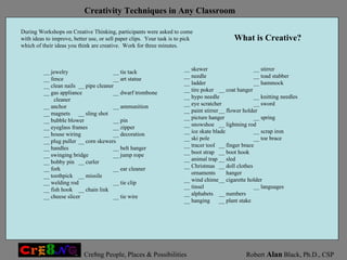 __ jewelry __ tie tack __ fence __ art statue __ clean nails __ pipe cleaner __ gas appliance __ dwarf trombone cleaner __ anchor __ ammunition __ magnets __ sling shot __ bubble blower __ pin __ eyeglass frames __ zipper __ house wiring __ decoration __ plug puller __ corn skewers __ handles __ belt hanger __ swinging bridge __ jump rope __ bobby pin __ curler __ fork __ ear cleaner __ toothpick __ missile __ welding rod __ tie clip __ fish hook __ chain link __ cheese slicer __ tie wire During Workshops on Creative Thinking, participants were asked to come with ideas to improve, better use, or sell paper clips.  Your task is to pick which of their ideas you think are creative.  Work for three minutes.  __ skewer __ stirrer __ needle __ toad stabber __ ladder __ hammock __ tire poker __ coat hanger __ hypo needle __ knitting needles __ eye scratcher __ sword __ paint stirrer __ flower holder __ picture hanger __ spring __ snowshoe __ lightning rod __ ice skate blade __ scrap iron __ ski pole __ toe brace __ tracer tool __ finger brace __ boot strap __ boot hook __ animal trap __ sled __ Christmas __ doll clothes ornaments   hanger __ wind chime __ cigarette holder __ tinsel __ languages __ alphabets __ numbers __ hanging  __ plant stake What is Creative? 