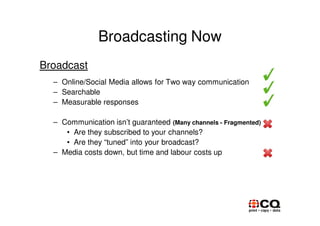 Broadcasting Now
Broadcast
  – Online/Social Media allows for Two way communication
  – Searchable
  – Measurable responses

  – Communication isn’t guaranteed (Many channels - Fragmented)
     • Are they subscribed to your channels?
     • Are they “tuned” into your broadcast?
  – Media costs down, but time and labour costs up
 