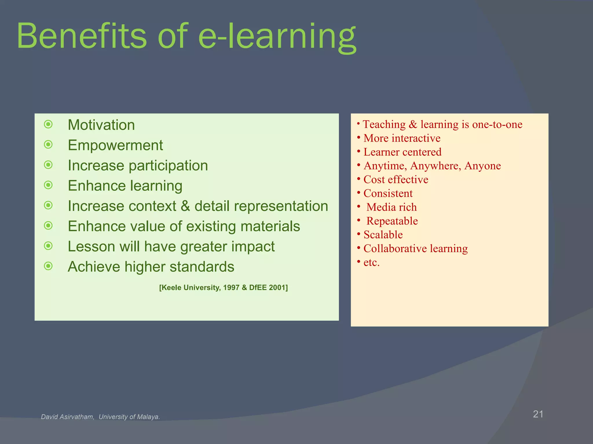 Benefits of e-learning Motivation Empowerment Increase participation Enhance learning Increase context & detail representation Enhance value of existing materials Lesson will have greater impact Achieve higher standards [Keele University, 1997 & DfEE 2001] Teaching & learning is one-to-one More interactive Learner centered Anytime, Anywhere, Anyone Cost effective  Consistent Media rich Repeatable Scalable Collaborative learning etc. 